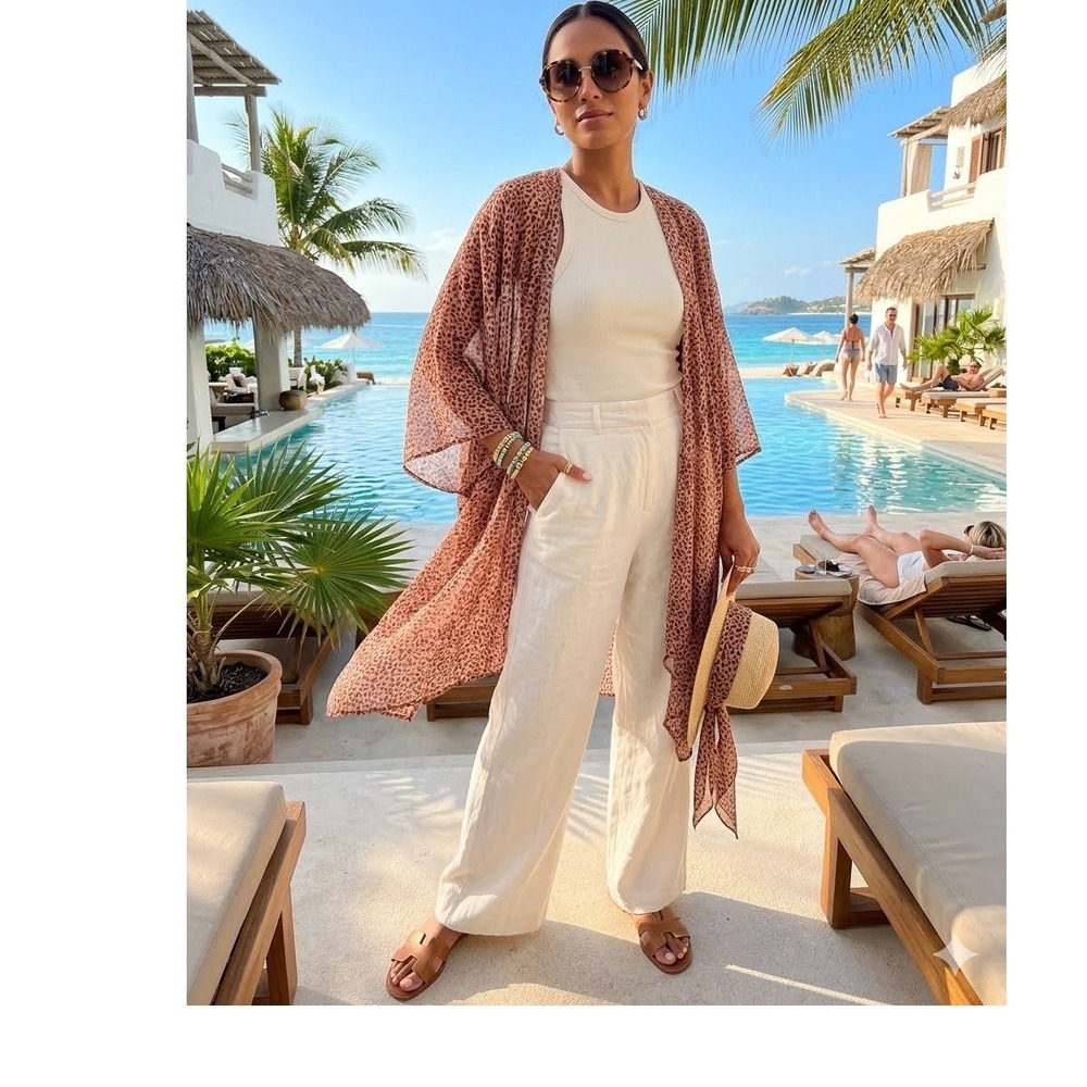 Aerie Leopard Print Kimono Wrap Sheer Chiffon Cover Up Brown Terracotta OS